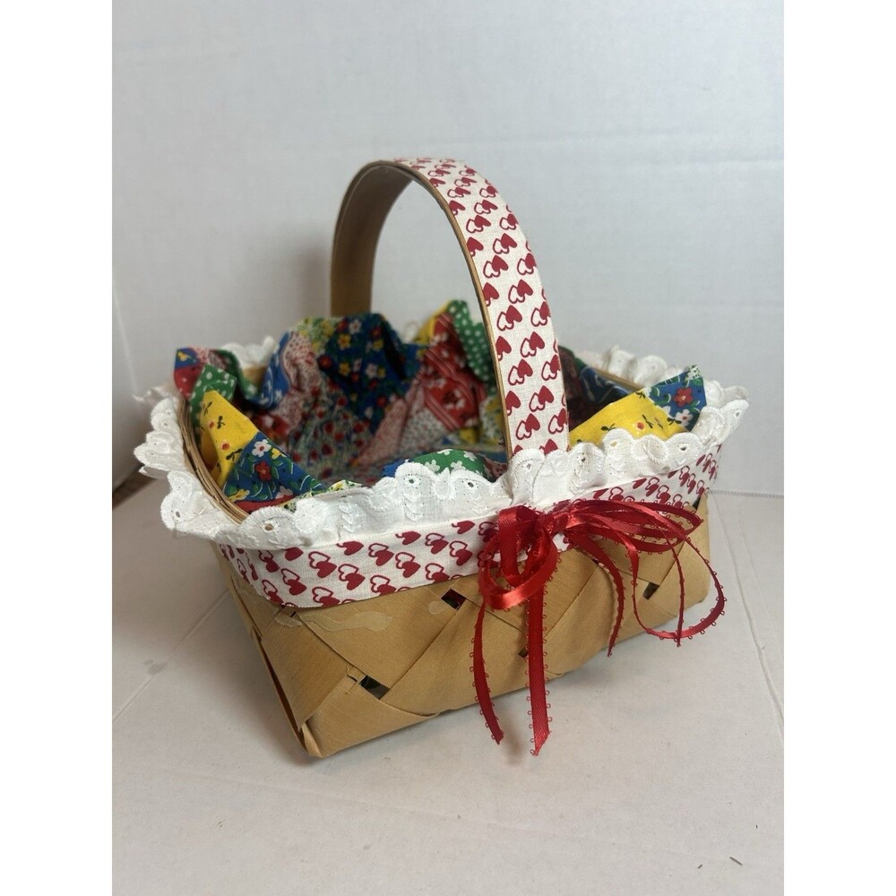 Woven Basket Fabric Cushioned Liner Heart Trim 7.5” Farmhouse Grannycore Decor - Picture 15 of 16